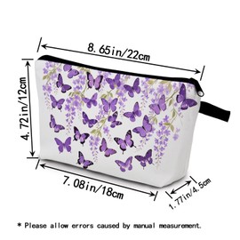 YULUENZE Purple Floral Butterfly Makeup Bag Cute Small Organizer Bag with Zipper Purple Floral Butterfly Cosmetic Bag Aesthetic Birthday Present for Women Friends