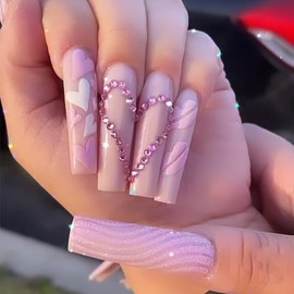 Pikabows Press On Nails Long Coffin Heart Rhinestone Swirl Fake Nails Acrylic False Nail Tips Kit Glue on Nails for Women