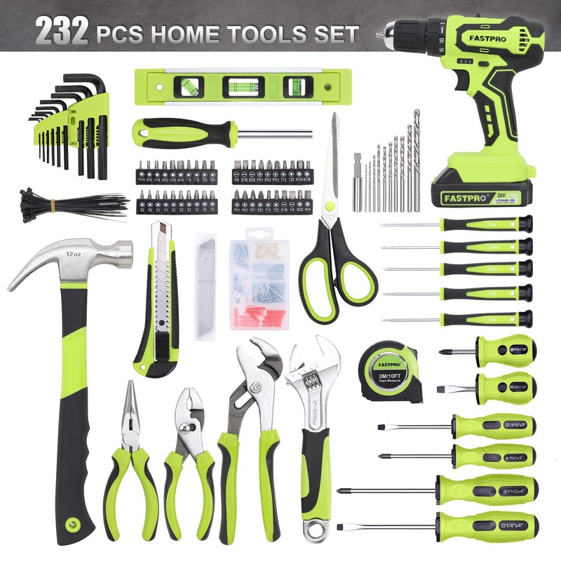 FASTPRO 232-Piece Home Tool Set with Drill, 20V Cordless Drill