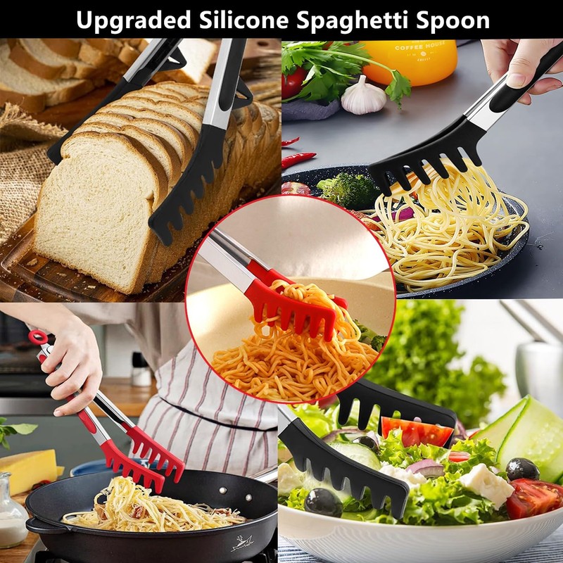 Upgraded Silicone Spaghetti Spoon & Pasta Tong,Non-stick Sturdy Pasta Fork