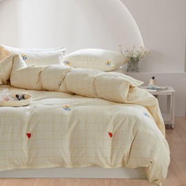 AOJIM Plaid Duvet Cover Set Pure Cotton, Floral and Heart-Shaped Pattern Comforter Cover, 1 Queen Size Quilt Cover and 2 Pillowcases, Soft Bed Set for Room Decor (No Comforter)