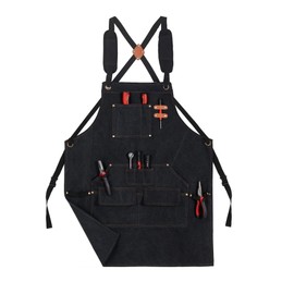 Tosewever Work Aprons for Men with Large Pockets, Canvas Cross Back Heavy Duty Adjustable Tool Aprons for Chef Cooking BBQ (Black)