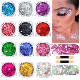 Body Glitter Face Glitter Hair Glitter Gel, 12 Colors Holographic Chunky Glitter Makeup Festival Glitter for Women Girls Teen, Sparkling Face Paint Body Makeup Rave Accessories
