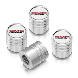 iPick Image for GMC Denali in White on Shining Silver Aluminum Cylinder-Style Tire Valve Stem Caps