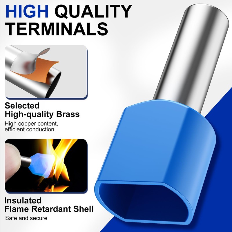 Preciva 800PCS Twin Bootlace Ferrules,0.5-10mm²Dual Terminals Kit,Crimp Connectors,All Brass Core