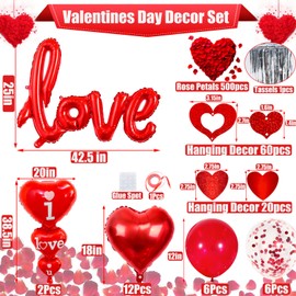 Valentines Day Decorations Set, I Love You Balloons and Heart Balloons wih Dark-Red Petals Red Hearts Pendants Garland and Red Balloons for Valentines Day Party Wedding Anniversary Engagement Decor
