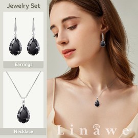 Linawe Gothic Black Crystal Necklace, Silver Jewellery Sets for Women, Imitation Diamond Pendant Drop Dangle Earrings, Rhinestone Boho Wedding Jewellery Cubic Zirconia Birthstone