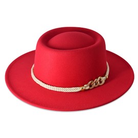 Lisianthus Women Wide Brim Fedora Hat with Belt Buckle Pork Pie Hat, Red, Medium