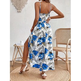 Women's Spaghetti Straps Floral Maxi Dress Boho Summer Sleeveless V-Neck Flowy Dress for Beach Hawaii Vacation （Blue,Small）