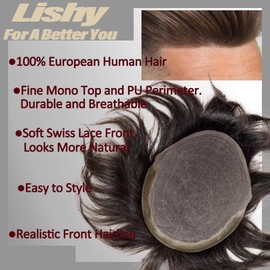 Lishy Toupee for Men Swiss Lace Front Natural Hairline with PU Mens Hair Replacement System Hairpieces European Human Hair Wigs 8X10 inches Medium Light Density (#4 Medium Brown Color)
