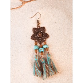 MINACHI Boho Vintage Ethnic Flower Created Turquoise Bead Tassel Pendant Earrings, Bohemian Hippie Jewelry Gift for Women