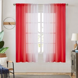 Ombre Faux Linen Sheer Curtains for Bedroom Living Room Rod Pocket, Privacy and Light Filtering, 2 Tone Reversible Gradient Voile Semi Window Curtains, Set of 2 Panels, Red, 54 x 63 Inch Length