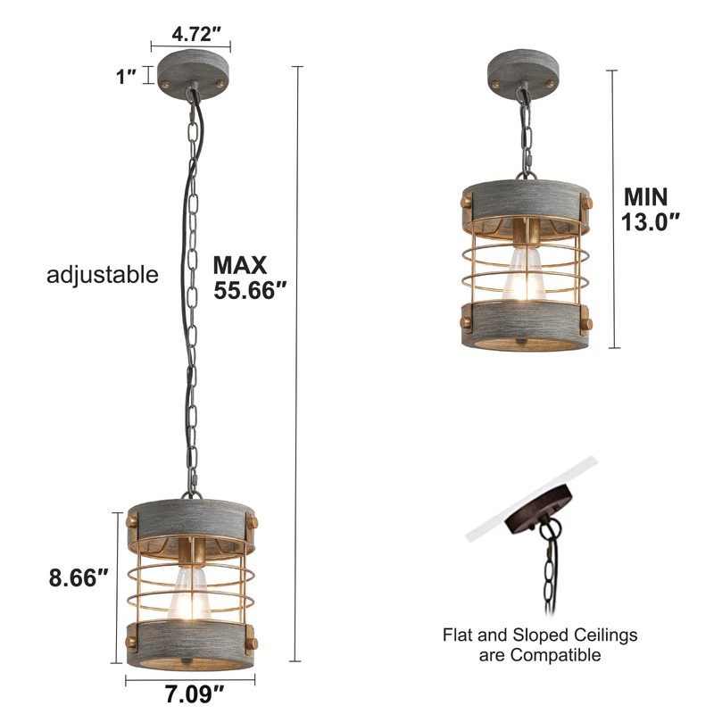 wochos Farmhouse Pendant Light, Adjustable Metal and Wood Chandelier Light