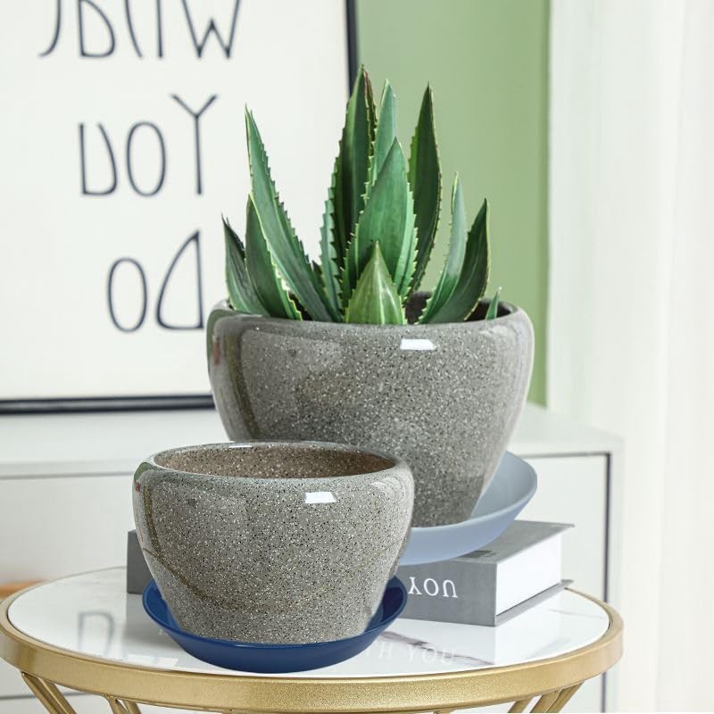 Plant Saucer Blue Ceramic Deep Pot Tray - 2 Pack