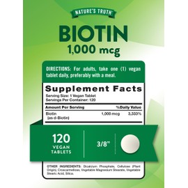 Nature's Truth Biotin 1000mcg | 120 Tablets | Vegan, Non-GMO, Gluten Free Supplement