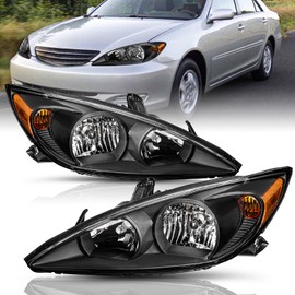 TUSDAR Headlight Assembly Fits 2002 2003 2004 Toyota Camry, Driver and Passenger Side (Black Housing with Amber Reflector)