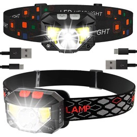 Paquete de 2 Faros Recargables, Faros Portátiles, Lampara de Cabeza, Linterna de Cabeza LED con Sensor y Luz Roja, Lampara de Cabeza USB Recargable, Adecuado para Cámping, Pesca, Ciclismo, Correr