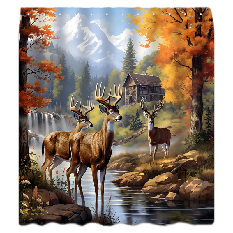 UPUMKSK Fall Deer Cabin Shower Curtain, 70x70 Inch