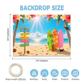 Summer Hawaiian Beach Backdrop 7x5FT, Polyester Seaside Tropical Palm Trees Surfboard Photography Background for Luau Aloha Party Decoration, Ocean Blue Sky Supplies Photoshoot (7 * 5FT)
