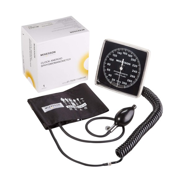 McKesson LUMEON Clock Aneroid Sphygmomanometer, Blood Pressure with Cuff, Wall Mounted, Black, Adult Medium, 1 Count