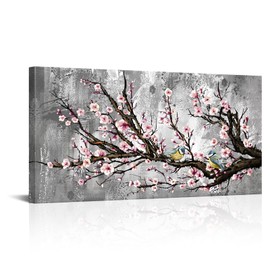 SkenoArt Large Pink and Grey Flower Wall Art Two Birds on Plum Blossom Tree Branch Floral Painting Artwork Nature Picture Canvas Prints for Kitchen Living Room Bedroom Home Decor Ready to Hang