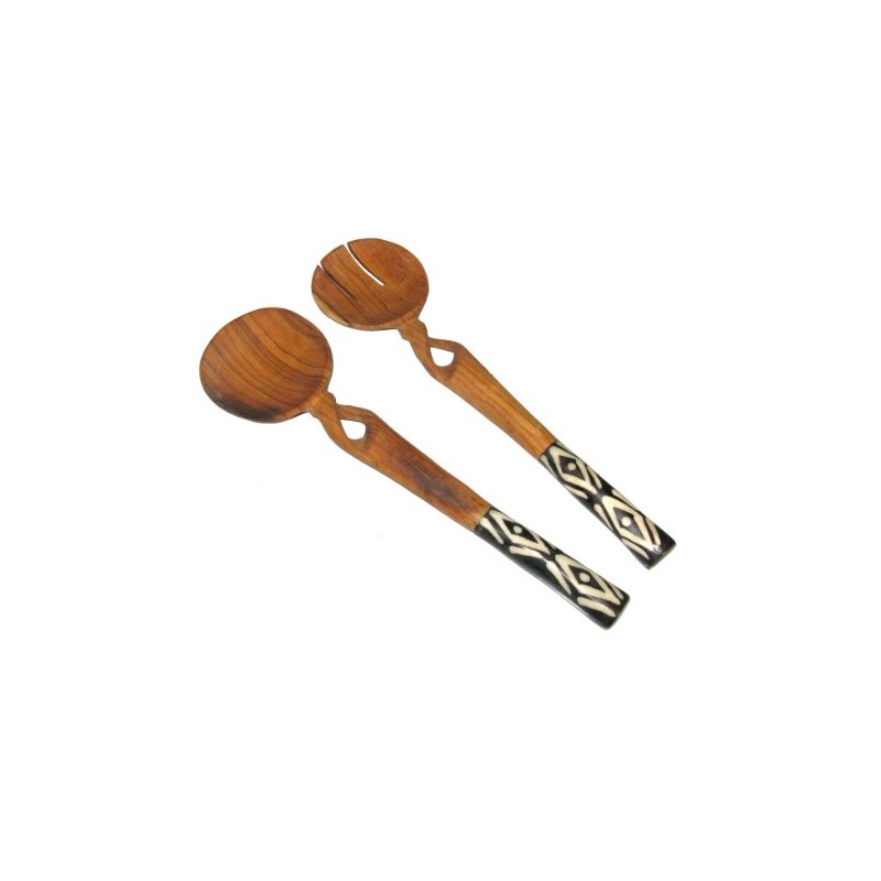 Twisted Olive Wood Salad Servers with Bone Handles