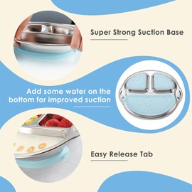 MR. CHOU Stainless Steel Baby Suction Plates, Divided Plates for Babies & Toddlers, 100% Food Grade Kids Plates for Baby Led Weaning, BPA Free Toddler Feeding Supplies, Dishwasher Safe, Gray
