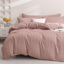JELLYMONI Pink Duvet Cover Queen Size - 3PCS Microfiber Tufted Duvet Cover Set, Boho Striped Tufted Textured Duvet Cover with Corner Ties & Zipper Closure