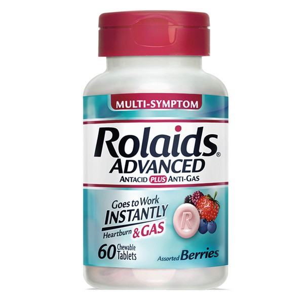 Rolaids Advanced Antacid Plus Anti-Gas 60 Chewable Tablets, Assorted Berry, Heartburn and Gas Relief