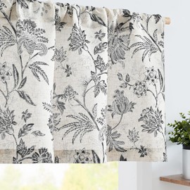 Vangao Linen Blend Valance Curtain Farmhouse Cottage Floral Small Window Curtain Light Filtering for Kitchen Rustic Valance for Living Room Bedroom Rod Pocket 1 Panel Black on Beige