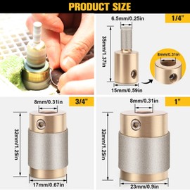1 3/4 1/4 Inch Stained Glass Grinder Bits, Diamond Drill Bit Head Tools, 3 Sizes Brass Core Glass Grinder for Stained Glass