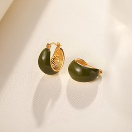 Enamel 18K Gold Hoop Earrings for Women (Olive Green)