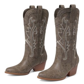 femflame Cowboy Boots Women Pointed Toe Chunky Heel Mid Calf Cowgirl Boot Embroidered Western Boots