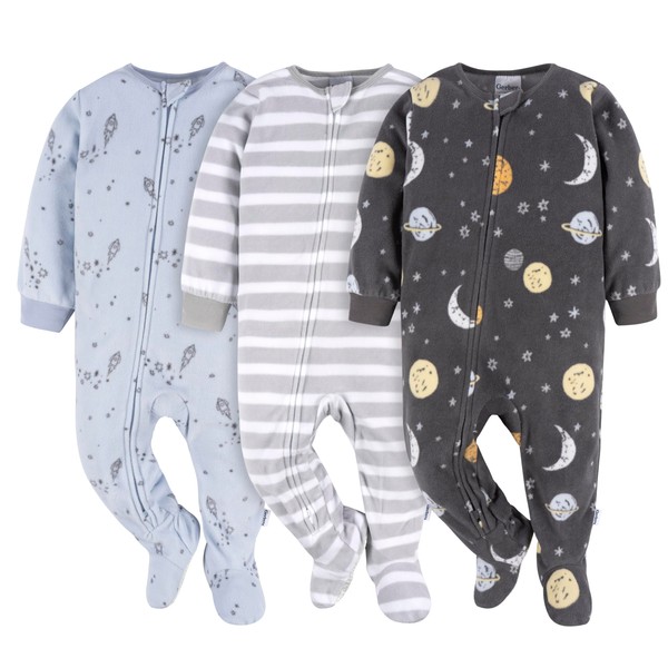 Gerber Baby Boy's Flame Resistant Fleece Footed Pajamas 3-Pack, Space