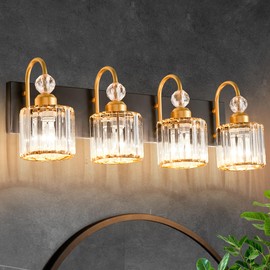 Bathroom Vanity Light Fixtures Over Mirror - Makeup Lighting Black Gold - for Modern Wall, Bath, Desk, Farmhouse, Hallway - 4 Crystal Lights
