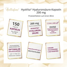 Cellufine® HyaVita Hyaluronic Acid to Swallow (200mg Vegan, Hochdosierte Anti-Ageing Capsules with/Capsule – 150 Capsules