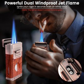All-in-One Torch Lighter with Built-in Cigar Cutter, Holder, Dual Windproof Jet Flame, Butane Lighter with Gift Box, Cool Lighters for Candle, Smoking, Outdoor Accessories
