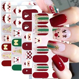 Christmas Nail Polish Strips Xmas Gel Nail Stickers Winter Nail Wraps Stickers Self-Adhesive Cute Reindeer Glitter Nail Art Design Decals Christmas Holiday Full Cover Sticker for DIY Manicure