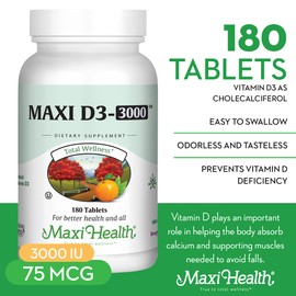 Maxi Health Vitamin D3 3000 IU 75 mcg Vitamin D Supplement for Healthy Bones, Teeth, Immune Support - VIT D3 Supplement Easy to Swallow Non-GMO, Supplement for Men and Women – Kosher (180 Tablets)