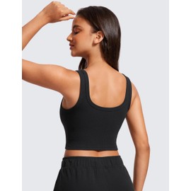 CRZ YOGA Womens Ribbed Longline Sports Bra - U Neck Padded Yoga Bra Workout Crop Tank Top with Built in Bra Black X-Large