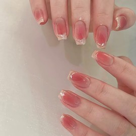 24pcs French Tip False Nails Short Coffin Press on Nails Red Ombre Fake Nails Glittery Stick on Nails Removable Glue on Nails Acrylic Nail Tips Women Nail Accessories