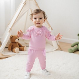 Vioyavo Toddler Girls Clothes Set Spring Fall Solid Color Outfits Long Sleeve Bow Ruffle Trim Sweatshirt Pullover Long Pants Set (Pink, 18-24 Months)