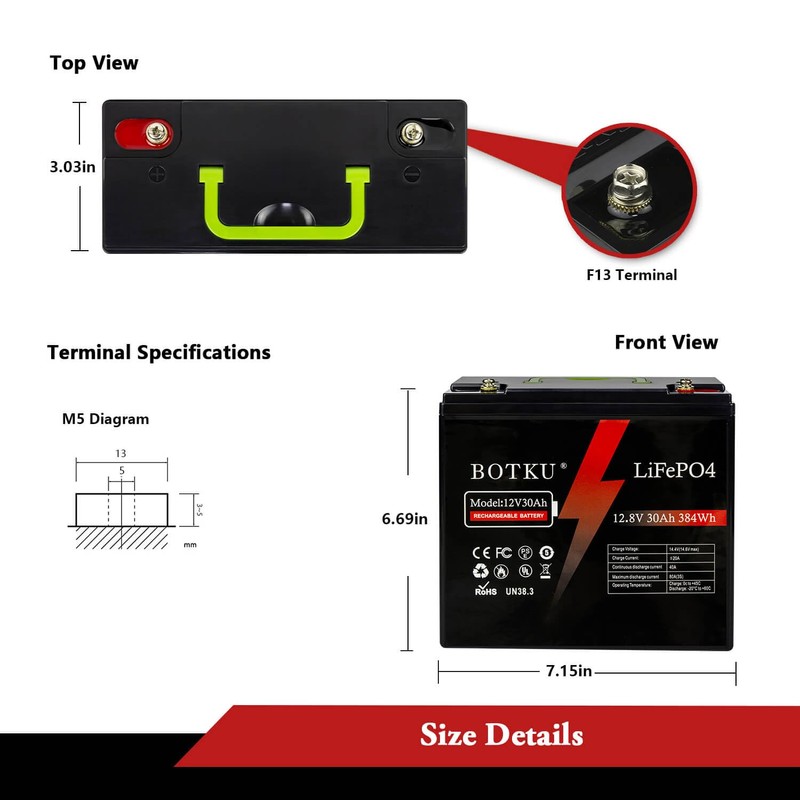 BOTKU 12V 30Ah Lithium LiFePO4 Deep Cycle Battery, 3000+ Cycle