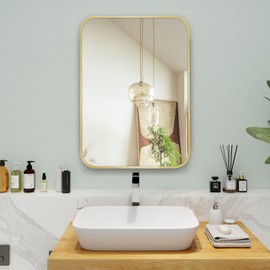 Umzodo 24"x36" Brushed French Gold Metal Framed Rounded Rectangle Mirror, Gold Wall Mounted Mirrors for Bathroom Entryway Vanity Living Room Bedroom, Vertical or Horizontal