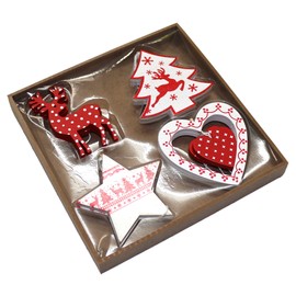 Robelli Pack of 8 Assorted Red & White Wooden Christmas Tree Hanging Pendant Decorations