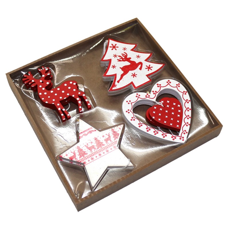 Robelli Pack of 8 Assorted Red & White Wooden Christmas