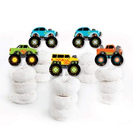 Big Dot of Happiness Smash and Crash – Monster Truck – Decoración para magdalenas de postre – Palillos transparentes para fiesta de cumpleaños para niños – Juego de 24
