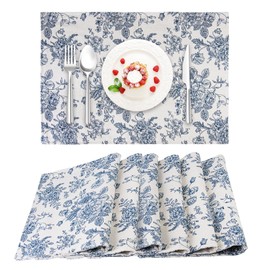 Blue Floral Fabric Placemats Set of 6, Linen Washable Table Placemats for Kitchen, Vintage Rectangular Place Mats for Dinning Wedding Holiday, 13 x 19 Inch