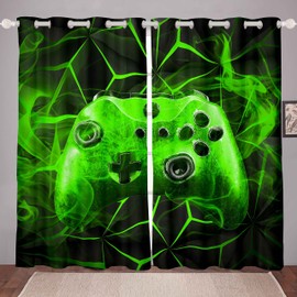 Gaming Curtains Drapes Kids Gamer Video Games Curtain Set for Boys Modern Game Controller Fabric Curtain Green Gamer Console Curtains W46*L54