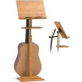WISUCART Bamboo Music Stand for Sheet Music, Wood Adjustable Music Organizer Height 39.37''-51.2'' Portable Folding Professional Music Holder for Violin Guitar Piano Players Band Gigs (Brown Tray&Guitar Clip)
